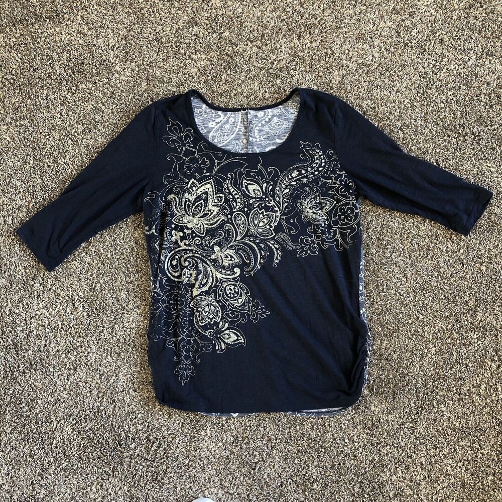 Womens Paisley Flower Pattern Shirt Navy Blue Sequence Scoop Neck Size XL